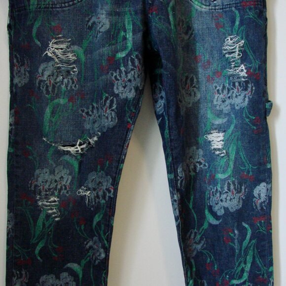 Denim Jean Overalls Japanese Floral Artsy Distressed Carpenter Loose Fit Large - Picture 10 of 16